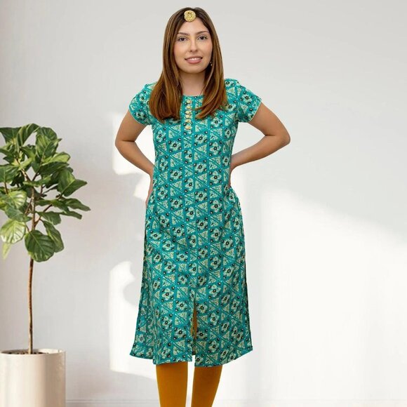 Blue and Cream Printed Kurta Design | Muvvas Boutique - Picture 1 of 10